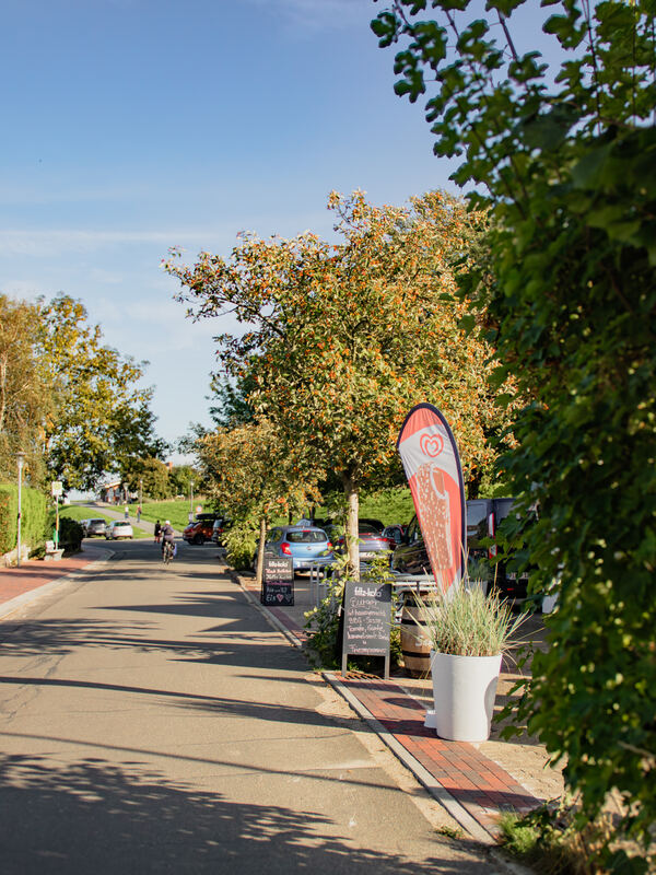 Ruhige Dorfstraße in Büsumer Deichhausen mit Bäumen, Café und Radfahrer